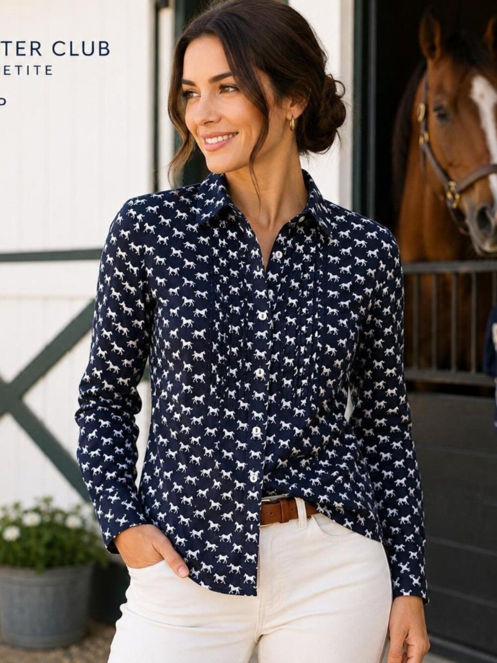 Charter Club Sz 18 (XL) Blouse Button Up Shirt Long Sleeve Navy/White Horses